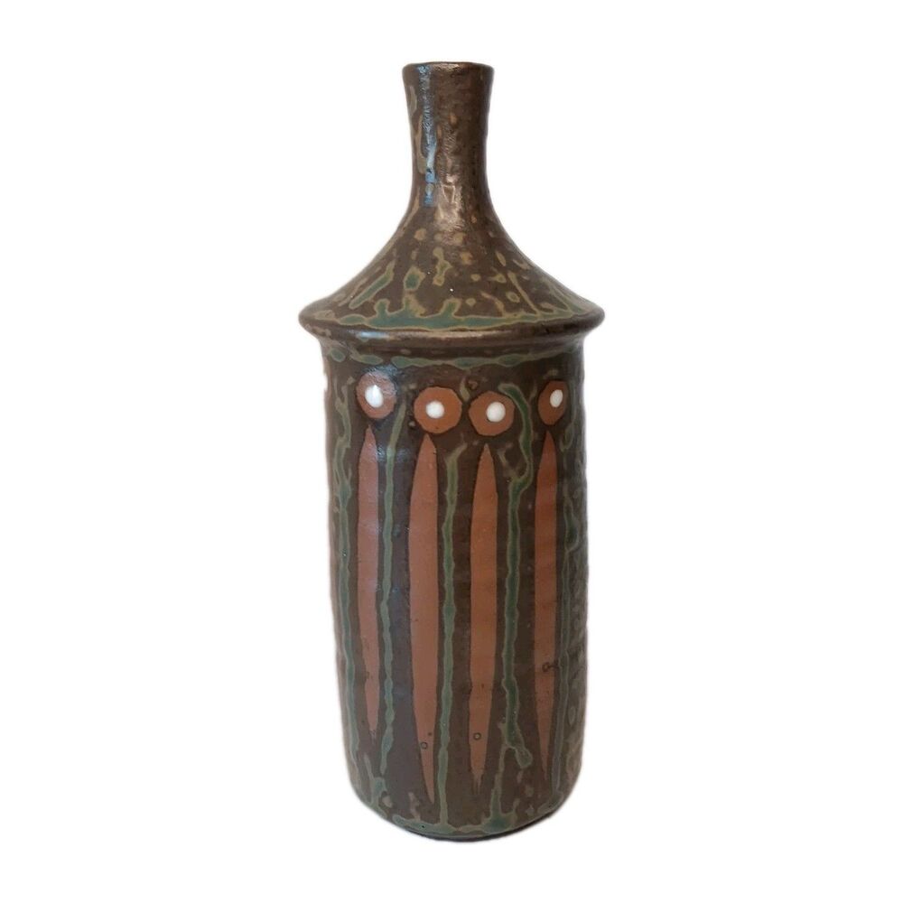 Vintage Fuyu Vase Brown Green Rust Genuine Stoneware Made In Japan 8" X 3"